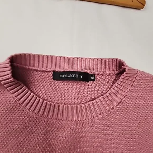 Long Sleeve Waffle Knit Sweater Crew Neck Pink Pullover XXL Oversized MEROKEETY - Picture 2 of 4